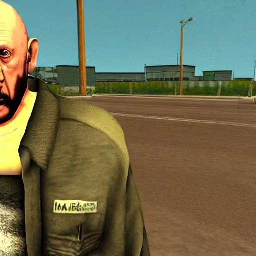 Image similar to Mike Ehrmantraut in GTA San Andreas, screenshot from the game, PS2 quality