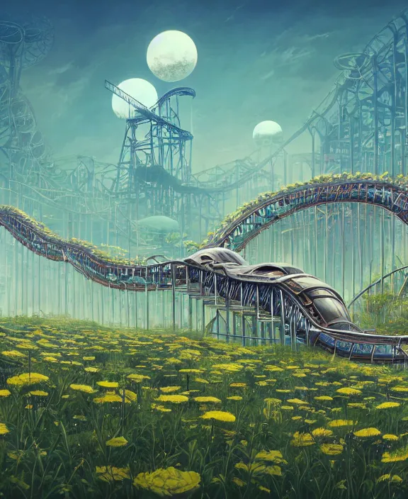 Image similar to simplicity, elegance, a roller coaster building made out of organic creatures, in the style of a streamlined asymmetrical spaceship, overgrown with flowers, bleak apocalyptic environment, by dan mumford, yusuke murata, makoto shinkai, ross tran, cinematic, unreal engine, cel shaded, featured on artstation, pixiv