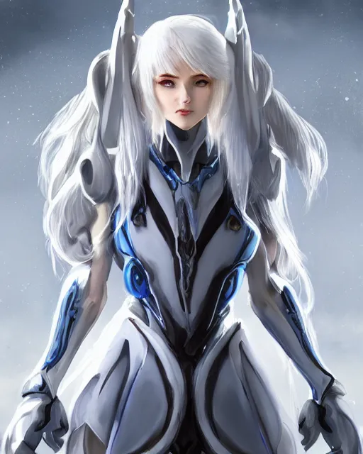 Image similar to perfect white haired girl, warframe armor, beautiful, dreamy, pretty face, blue eyes, portrait, detailed, scifi, utopian architecture in the background, laboratory, 4 k, ultra realistic, aura of light, cinematic, high detail, masterpiece, art by akihito tsukushi, akasuki brightmind