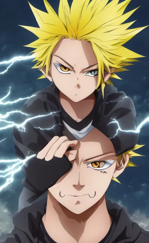 Prompt: Anime key visual of a young boy with spikey yellow hair and lightning powers, Illustrated by Kohei Horikoshi, high quality face, detailed eyes, big eyes, official media, 8k, anime, detailed, HD