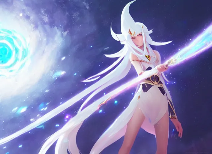 Image similar to a female space mage with long white hair, star guardian inspired, perfect art, trending on pixiv, painted by greg rutkowski makoto shinkai takashi takeuchi, akihiko yoshida