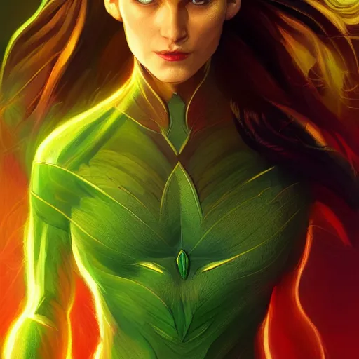 Prompt: full body portrait of jean grey, symetry, perfect face, green eyes, comic, phoenix rising, burning flames, intricate, detailed, volumetric lighting, scenery, digital painting, highly detailed, artstation, sharp focus, illustration, concept art, ruan jia, steve mccurry