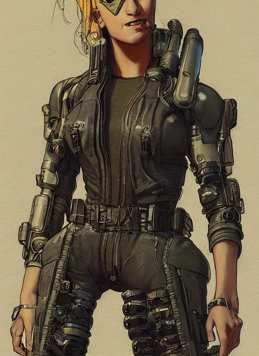 Image similar to cyberpunk mercenary in tactical harness and jumpsuit. portrait by stonehouse and mœbius and will eisner and gil elvgren and pixar. realistic proportions. dystopian. cyberpunk 2 0 7 7, apex, blade runner 2 0 4 9 concept art. cel shading. attractive face. thick lines.