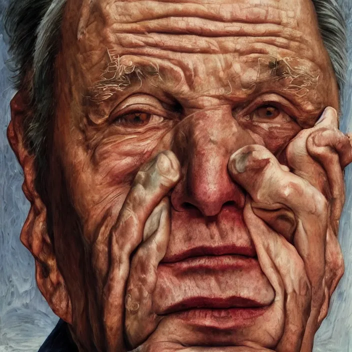 Image similar to hyperrealistic close up studio portrait of aging old Elon Musk age 103 wrinkled sorrowful, oil painting by Ivan Albright and Lucian Freud and Ron Mueck, trending on artstation Studio lighting hyperrealism