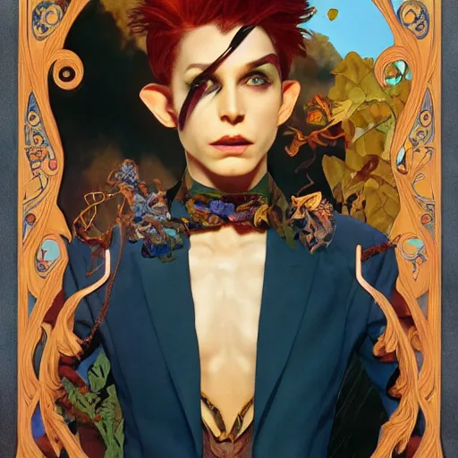 Prompt: photograph of a beautiful and androgynous half - elf with medium skin tone and messy short red hair and copper eyes with slit pupils, dressed in a colorful jodhpuri suit, dnd character, golden hour, by ross tran and gerald brom and kehinde wiley and fernando amorsolo and alphonse mucha, trending on artstation