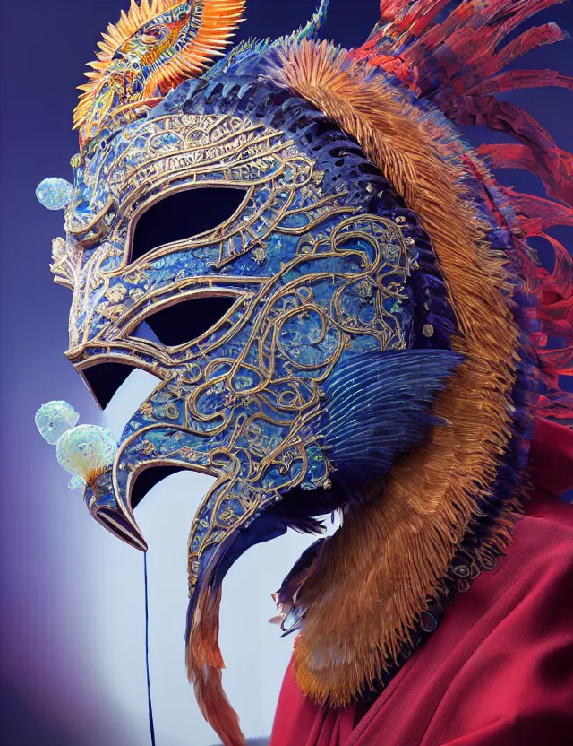 Image similar to 3 d shaman in venetian mask close - up profile portrait. beautiful intricately detailed japanese crow kitsune mask and clasical japanese kimono. betta fish, jellyfish phoenix, bio luminescent, plasma, ice, water, wind, creature, artwork by tooth wu and wlop and beeple and greg rutkowski