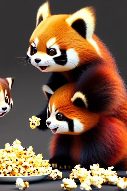 Image similar to high quality 3 d render hyperrealist very cute happy red panda & cat hybrid eating popcorn, vray smooth, detective pikachu, very dramatic light, low angle, uhd 8 k, shallow depth or field