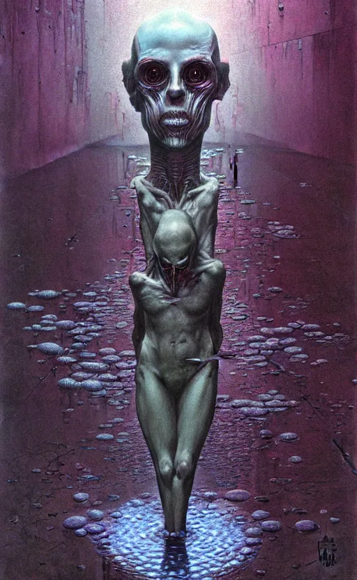 Image similar to a character reflection in a puddle by wayne barlowe, horror style, gritty, distopian