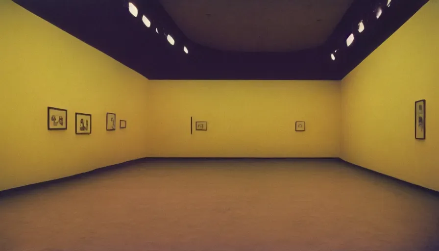 Prompt: 60s movie still of a sovietic stalinist style empty art museum with a soviet congress with yellow wall, cinestill 800t 35mm, liminal Space style, heavy grain