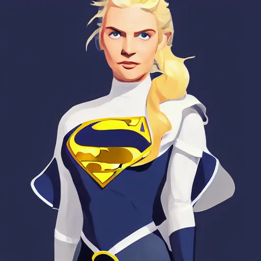 Image similar to a painting beautiful cute superhero woman, blonde hair, matte navy - blue bodysuit with a white cape and white shoulders on sea of thieves game avatar hero smooth face median photoshop filter cutout vector, behance hd by jesper ejsing, by rhads, makoto shinkai and lois van baarle, ilya kuvshinov, rossdraws global illumination