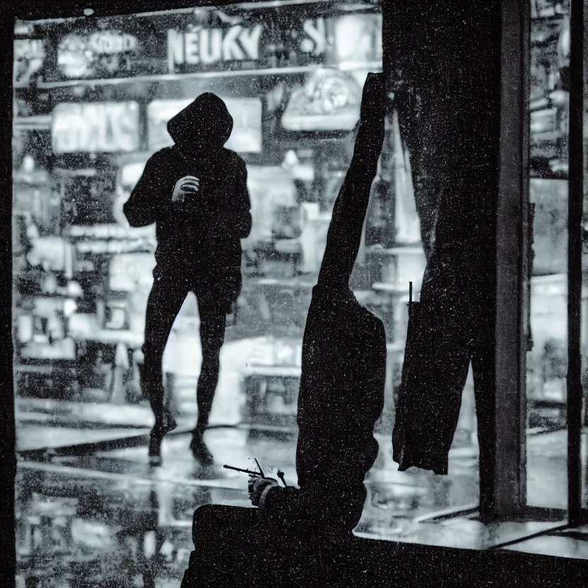 Image similar to a hooded cyborg holding a smoking cigarette outside of a windowed storefront, neon lights reflecting, pouring rain, high contrast, faded colors, depth of field, detailed 8k sci-fi portrait