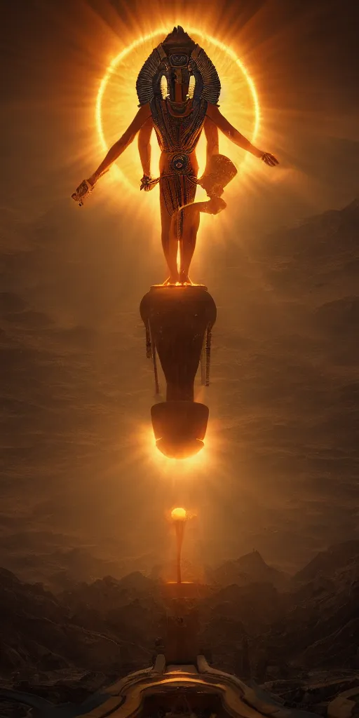 Prompt: the god horus invoking the energies of the sun, thelema, atmospheric, wide perspective, dramatic lights, micro details, grand composition, cinematic look, detailed, humidity, dust particles, photo real, ultra detailed, 8 k render, hyperrealistic octane render trending on artstation