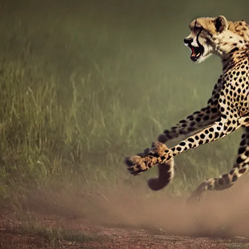 Prompt: a humanoid cheetah fighting in the vietnam war, 4 k, hyper realistic, dslr, landscape, high resolution