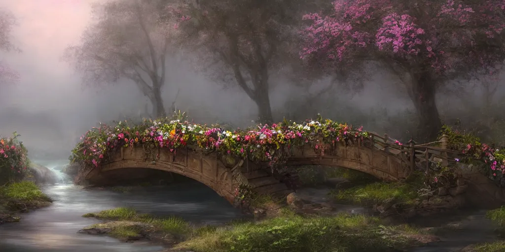 Image similar to matte painting of an old mason bridge decorated with flowers alongside above a small river stream, realistic, 4 k, artstation, dreamy, fog, volumetric lighting