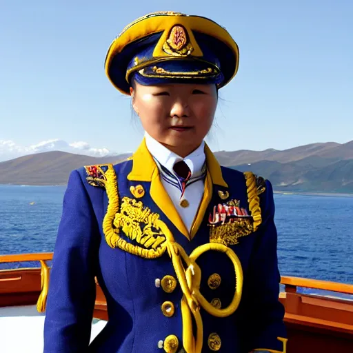 Image similar to Young Mongolian female Navy Admiral wearing a mess jacket, white waistcoat, gold-laced trousers, and a peaked cap, on the deck of a ship