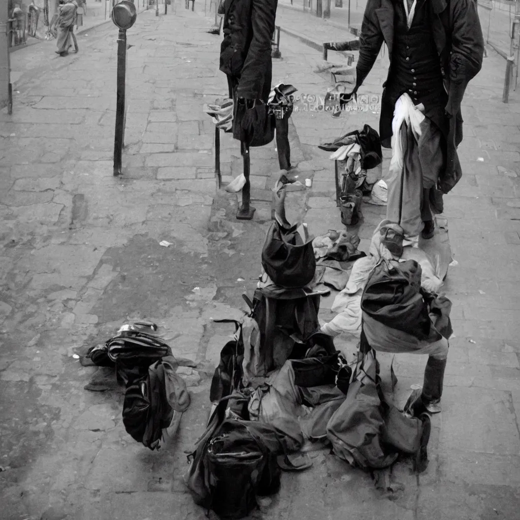 Prompt: 35mm, Black and white portrait of a desperated man in Paris during the 1790s, in the style of Sebastião Salgado Award winning photograph