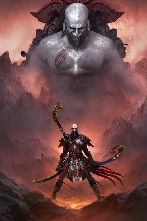 Prompt: an ultra detailed 3 d render of the sun tzu dressed like kratos as an elden ring boss, epic anime fantasy, 8 k, in the style of a fantasy metal album cover and magic the gathering, volumetric lighting, smooth, highly detailed, digital illustration, octane render, art by albert bierstadt and greg rutkowsi, artstation