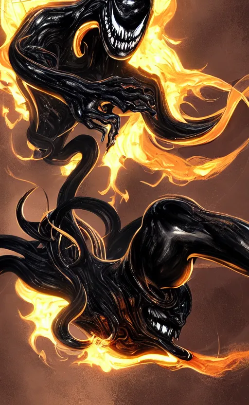 Image similar to venom as ghost rider on a motorcycle, dynamic lighting, photorealistic fantasy concept art, trending on art station, stunning visuals, terrifying, creative, cinematic