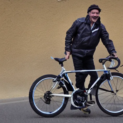 Prompt: Happy Frenchman on bike. Highly detailed. Highly realistic. High resolution. 8k. 4k. Dramatic.