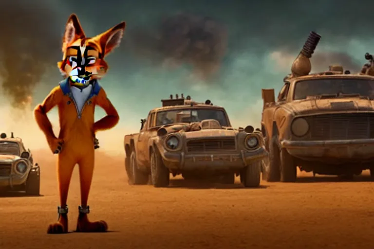 Image similar to nick wilde ( from zootopia ), heavily armed and armored facing down armageddon in a dark and gritty reboot from the makers of mad max : fury road