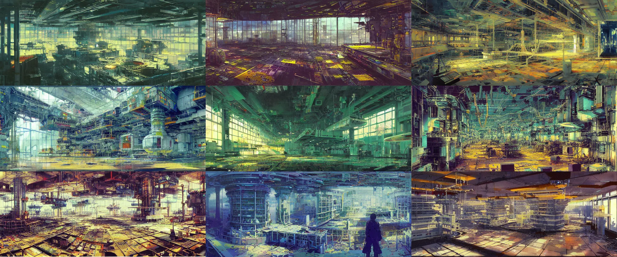 Prompt: Colorful, creepy John Berkey landscape painting of detailed interior of giant scientific research facility LABO, area N, nuclear reactor, floor B2, anime key visual by Craig Mullins