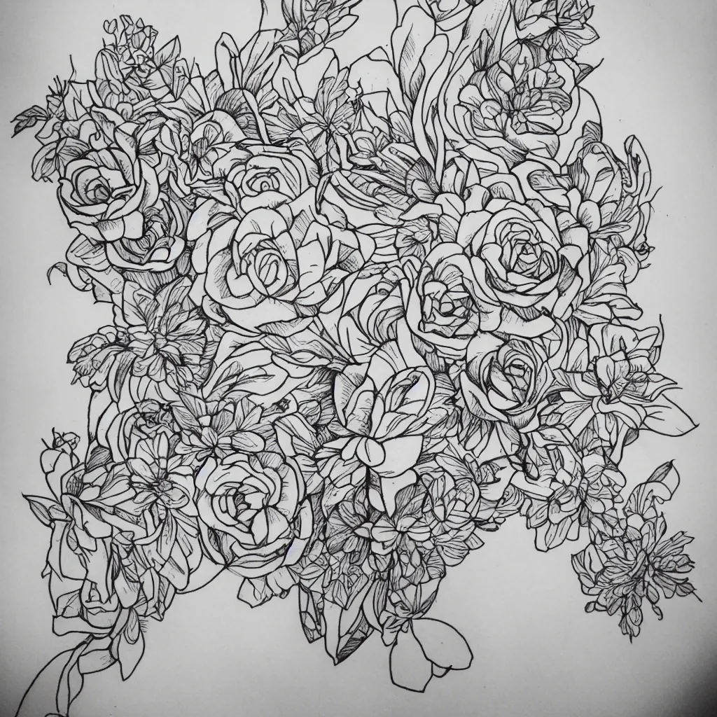 Image similar to tattoo design. line drawing. flowers. pretty