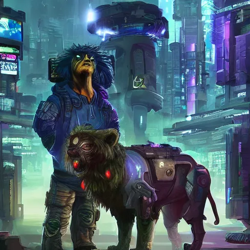 Prompt: cyberpunk lions at a scifi zoo for robot animals