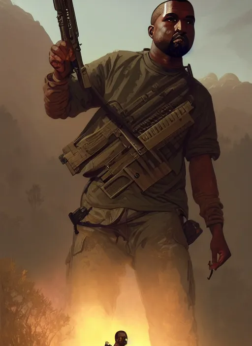 Image similar to highly detailed portrait kanye holding rifle in gta v stephen bliss unreal engine fantasy art by greg rutkowski loish rhads ferdinand knab makoto shinkai lois van baarle ilya kuvshinov rossdraws tom bagshaw global illumination radiant light detailed intricate environment