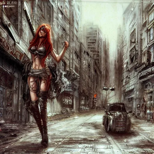 Image similar to street shooting in post apocalyptic city, by luis royo, retro fantasy, details, digital, artstation