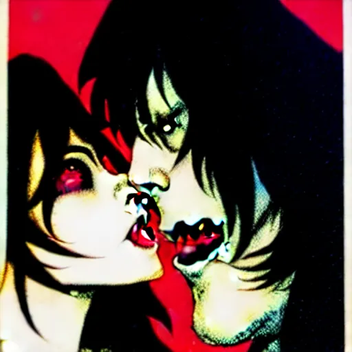 Image similar to closeup of vampire kiss, by yoichi hatakenaka, masamune shirow, josan gonzales and dan mumford, ayami kojima, takato yamamoto, karol bak