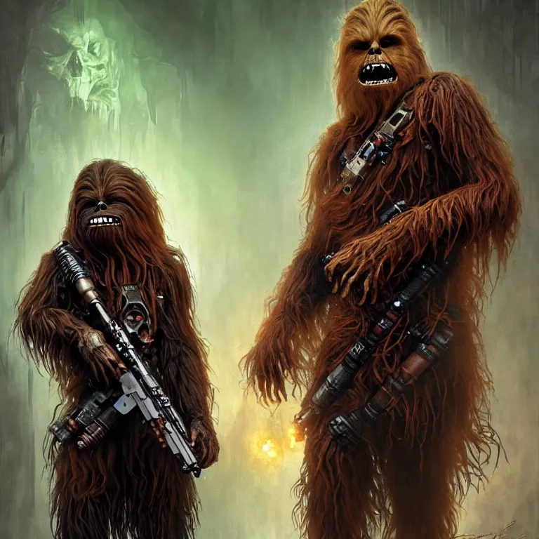 Prompt: scary star wars horrific zombie chewbacca and wookies with mange on the planet kashyyyk, dark fantasy, body horror, sores and scars, undead. highly detailed, biopunk, digital painting, by greg rutkowski, artgerm and alphonse mucha