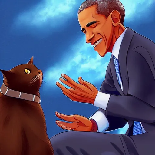 Image similar to “anime key visual of Obama petting a cat, pixiv”