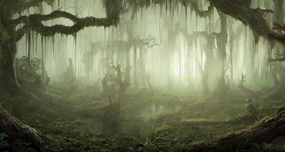 Image similar to A dense and dark enchanted forest with a swamp, by CGSociety