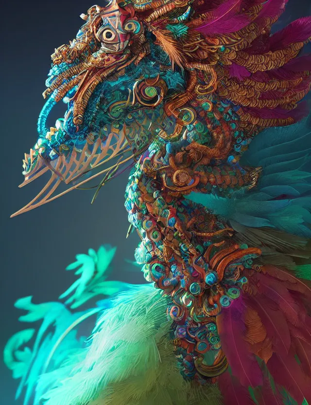 Image similar to goddess macro 3 / 4 profile portrait of quetzalcoatl. quetzal, feathers, bioluminiscent, creature, super intricate ornaments artwork by tooth wu and wlop and beeple and greg rutkowski