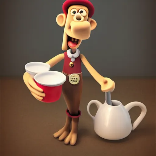 Prompt: Wallace from Wallace and Gromit holding a cheese mug, Realistic, HD Quality, 8k Resolution, Digital Art, Trending on Artstation