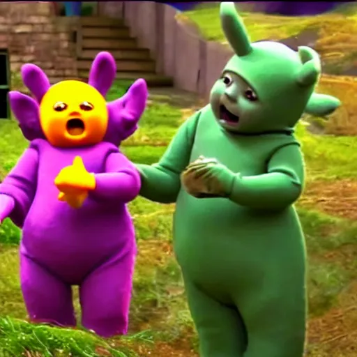 Image similar to tinky winky eating tubby custard, horror, creepy, teletubbies lost creepy spooky bloody episode, realistic,