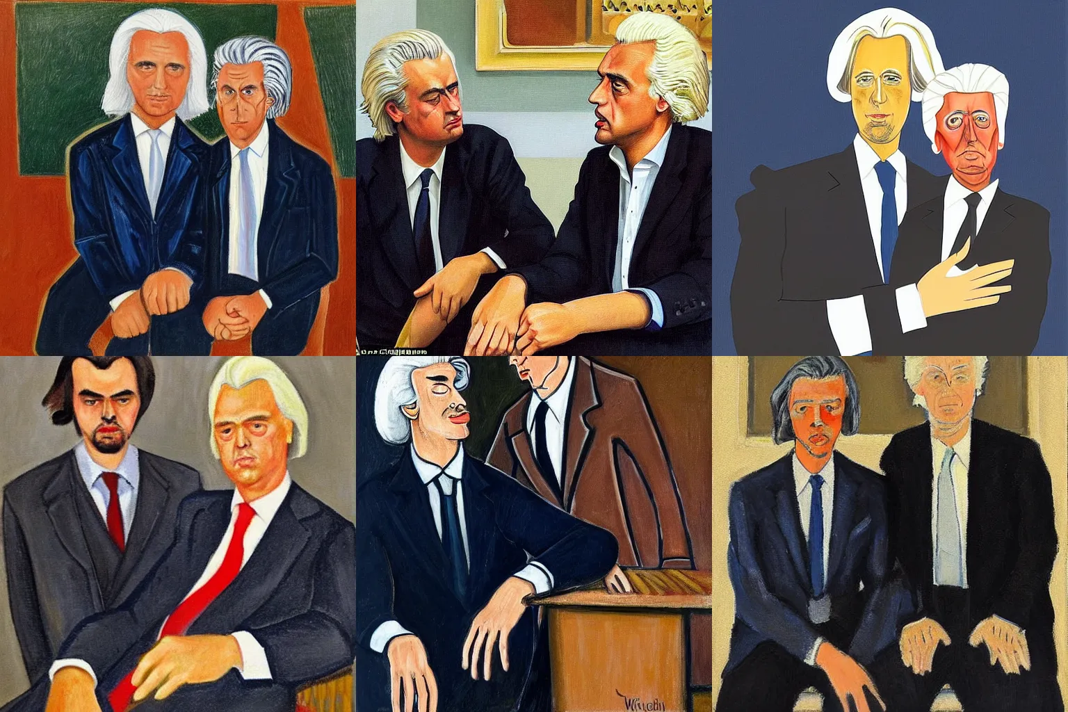 Prompt: Stationary portrait of Geert Wilders placing his hand on the shoulder of Thierry Baudet who is sitting on his side in the style of Charley Toorop