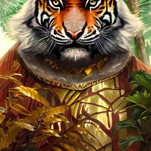 Image similar to a very high detailed tiger face on a strong human body, wearing a very detailed golden kings crown, tattoo on shoulder, standing in a highly detailed jungle, digital art, concept art, greg rutkowski, Nikolai Karelin, Hou China, trending artstation