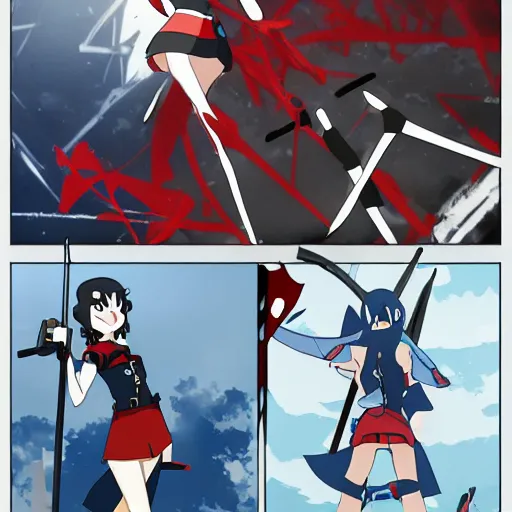 Prompt: Ryuko from Kill La Kill Fighting the Wehrmacht German, Castle, Day Halo Ring Ryuko from Kill La Kill fighting the Wehrmacht in the style of Masamune Shirow