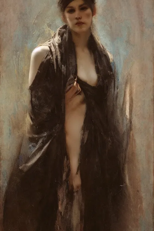 Image similar to Richard Schmid and Jeremy Lipking and Roberto Ferri full length portrait painting of a young beautiful priestess woman
