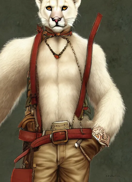 Image similar to character portrait of a anthro! albino mountain lion wearing miner's clothes. hidari, color page, tankoban, 4K, tone mapping, Akihiko Yoshida.