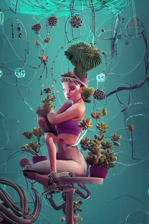 Prompt: epic 3 d abstract female mechanic, 1 6 mm, plum and teal peanut butter melting smoothly into asymmetrical succulents bubbles and cacti, thick wires looping, wavy, kinetic, floating vr headsets, houdini sidefx, deviantart, by jeremy mann, ilya kuvshinov, jamie hewlett and ayami kojima