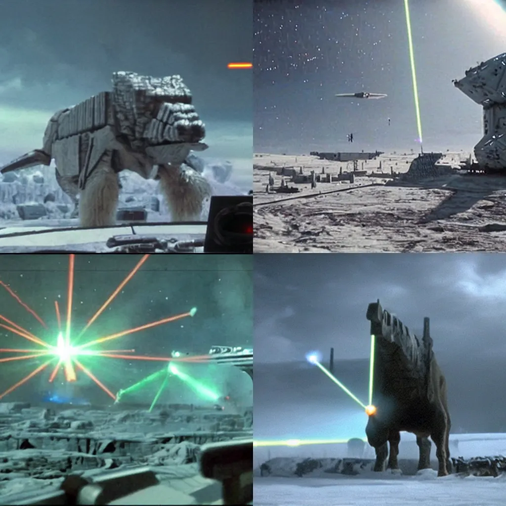 Prompt: a giant imperial cow walker shooting lasers at the shield generator in the movie The Empire Strikes Back