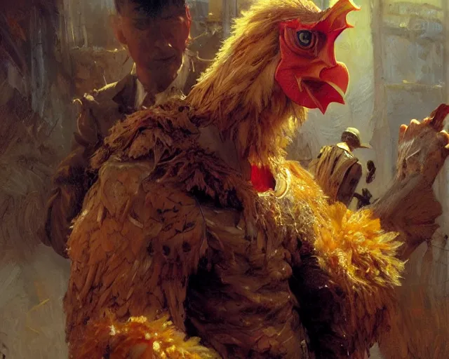 Prompt: a scary man dressed as a chicken, highly detailed painting by gaston bussiere, craig mullins, j. c. leyendecker 8 k