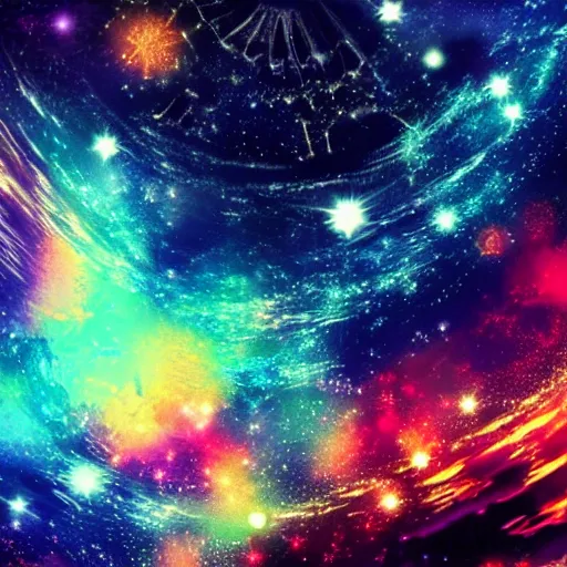 Image similar to anime style hd wallpaper of outer space, intricate auras and glittering stars, warm colors