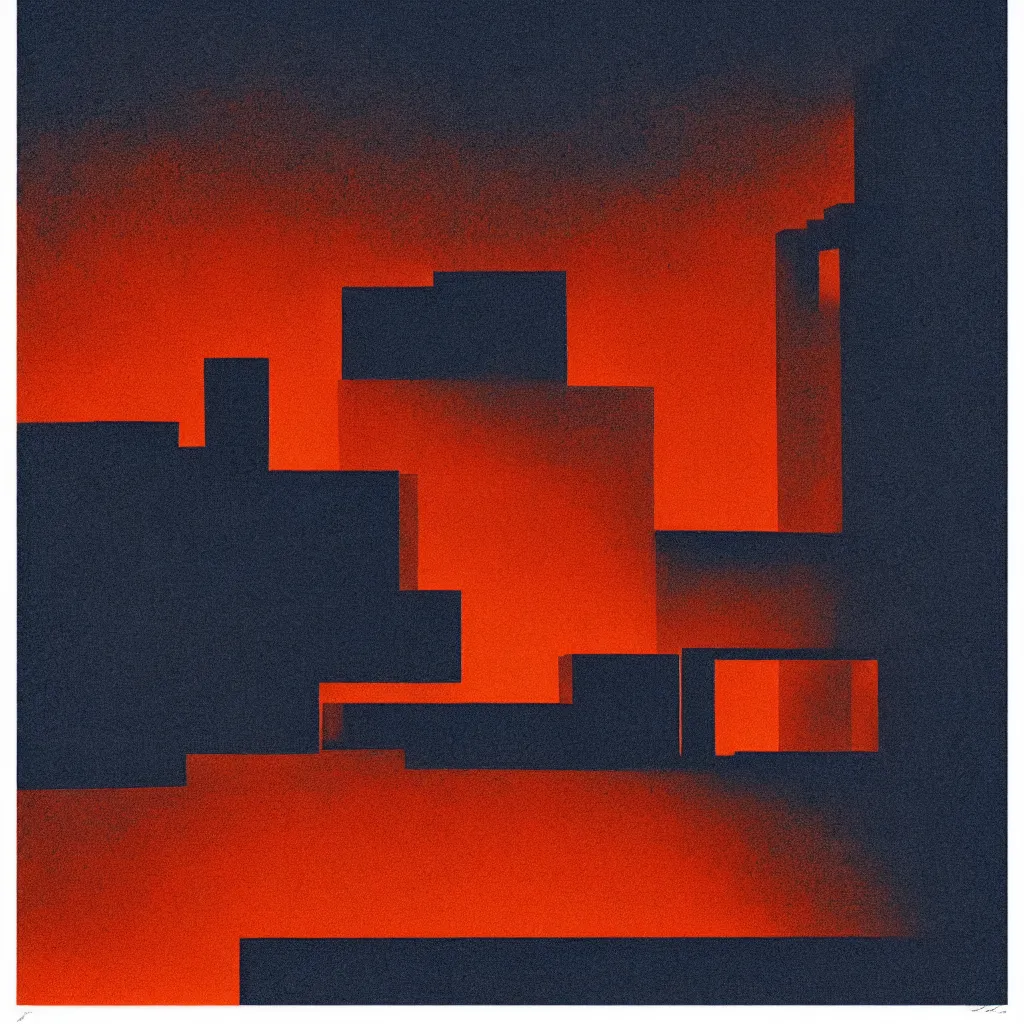 Prompt: art gallery, mads berg, karolis strautniekas, film noir, stippled light, dramatic lighting, editorial illustration, detailed, fine texture, matte print, art deco, brutalism, dark blue + dark orange, red, black, ( ( habitat 6 7 background ) )