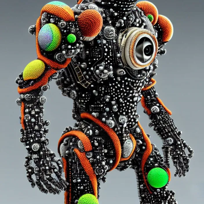 Image similar to a cybernetic symbiosis of a single astronaut mech-organic eva suit made of pearlescent wearing anodized thread knitted shiny ceramic multi colored yarn thread infected with kevlar,ferrofluid drips,carbon fiber,ceramic cracks,gaseous blob materials and diamond 3d fractal lace iridescent bubble 3d skin dotted covered with orb stalks of insectoid compound eye camera lenses orbs floats through the living room, film still from the movie directed by Denis Villeneuve with art direction by Salvador Dalí, wide lens,