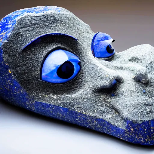 Image similar to medium - shot museum photo of ca 2 5 0 0 stone eye sculpture made of thick lapis lazuli beveled to hold the white limestone which forms the eye's sclera which is drilled to receive the black stone pupil, studio lighting, professional, promo,