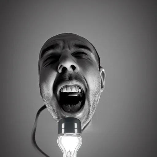 Image similar to a screaming man captured in a lightbulb