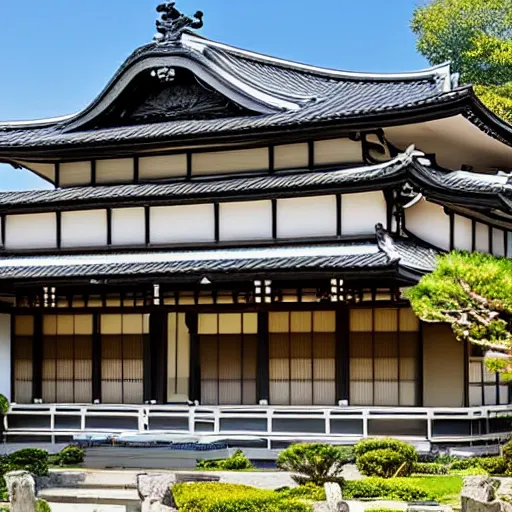 Prompt: photo of exterior of a historic house with Japanese and French inspired architecture